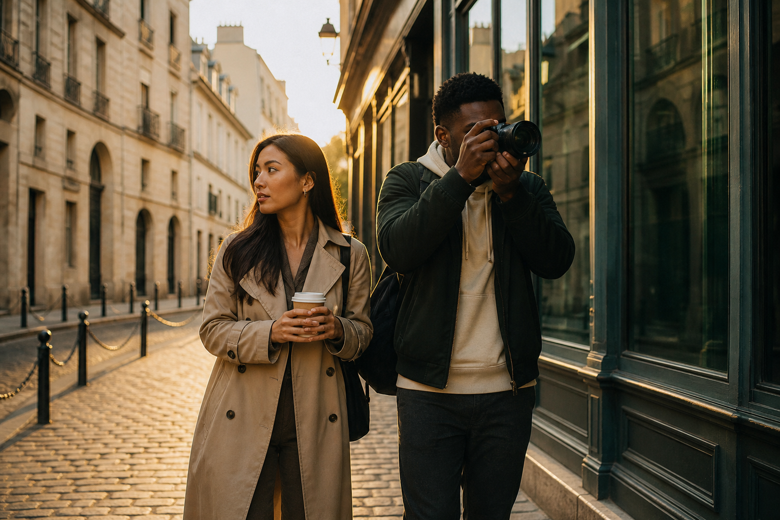 Creators filming on a city street at golden hour